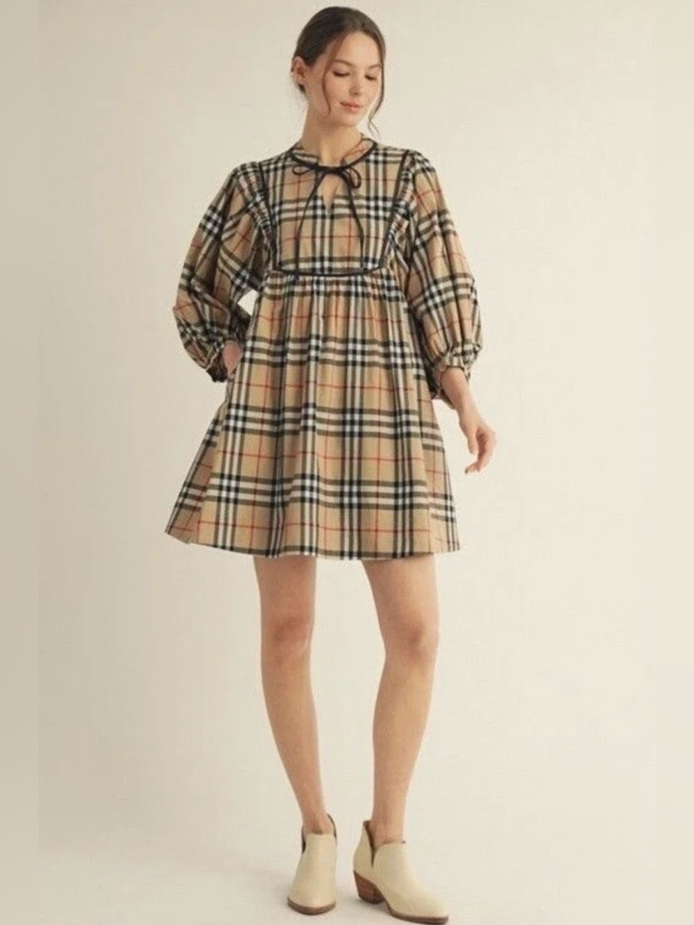 JODIFL Romantic Puff Sleeve Plaid Babydoll Dress with Faux Leather Front Trim